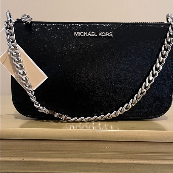 Michael Kors Shiny Black and Silver Chain Shoulder Bag. NWT - Picture 1 of 7